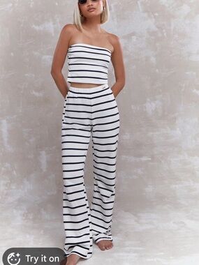 Missguided Pants Striped Blue White High Rise Wide Leg Lounge Comfy